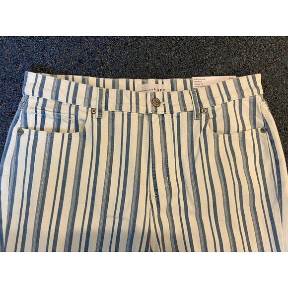 NWT Ann Taylor Loft Kick Crop High Rise Jeans Blue White Stripe 30 10 Petite New - Picture 2 of 7